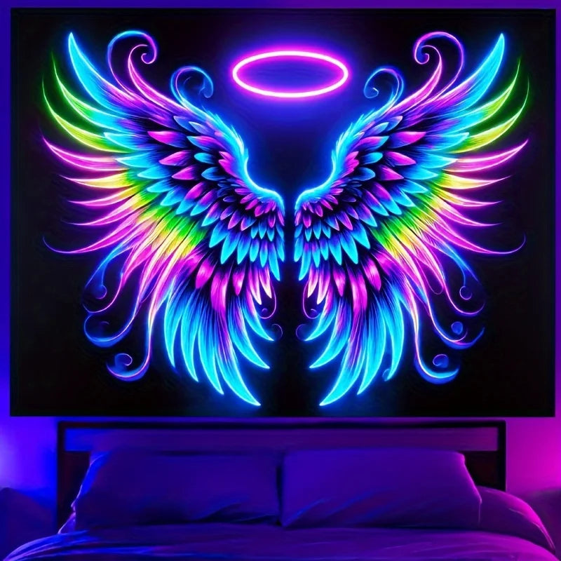 UV Reactive 3D Neon Angel Wings Tapestry
