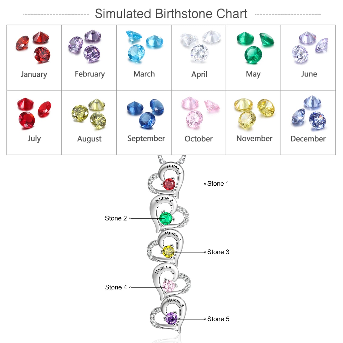 Personalized With Name Multi-Heart Pendant with Birthstones