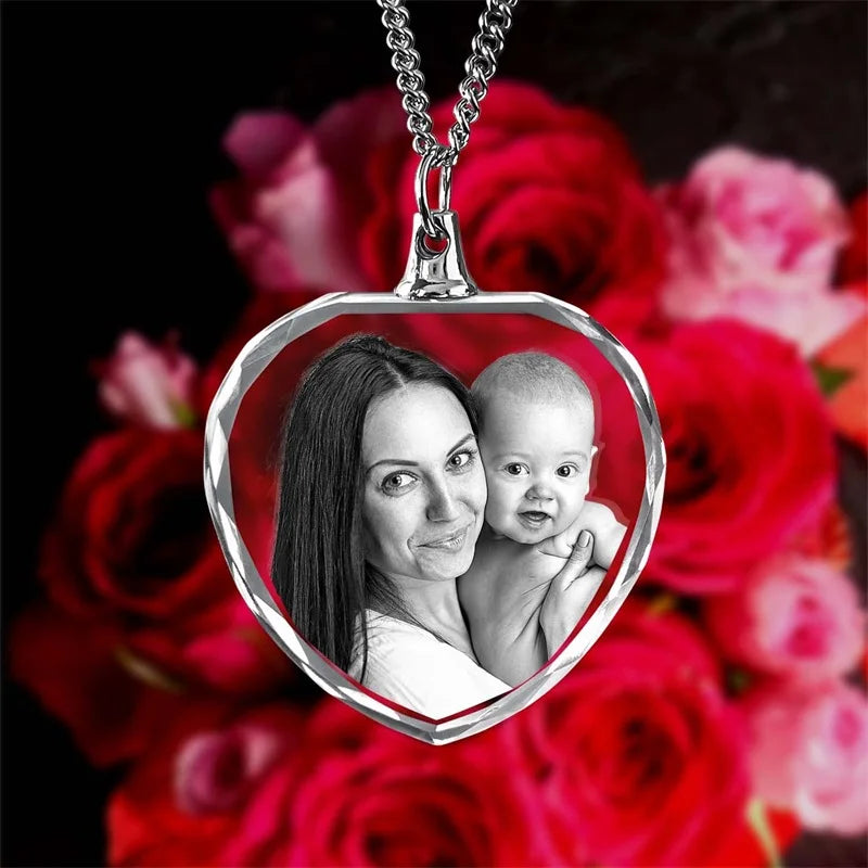 Customized 3D Crystal Photo Heart pendant with necklace