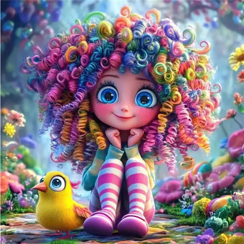 Full Square Diamond Mosaic Girl With Colorful Curly Hair