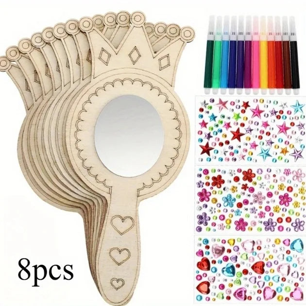 8Pcs Wooden Mirror Craft