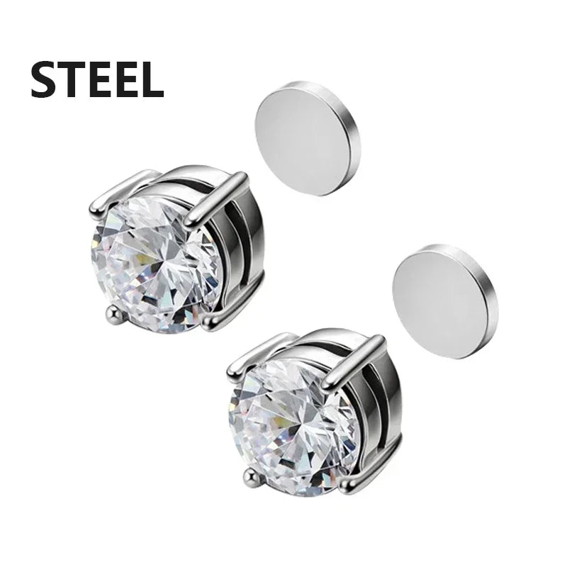 1Pair 6MM Crystal Magnetic No-Pierce Stainless Steel Stud Earrings
