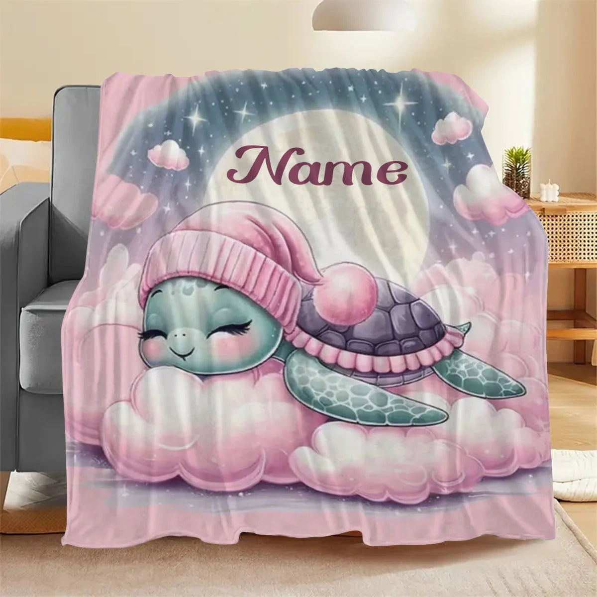 Customizable name turtle and star pattern throw blanket