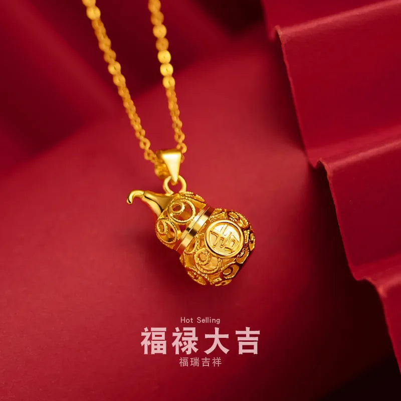 Pure 18K Gold Necklace Lucky Hollowed Out Gourd Pendant