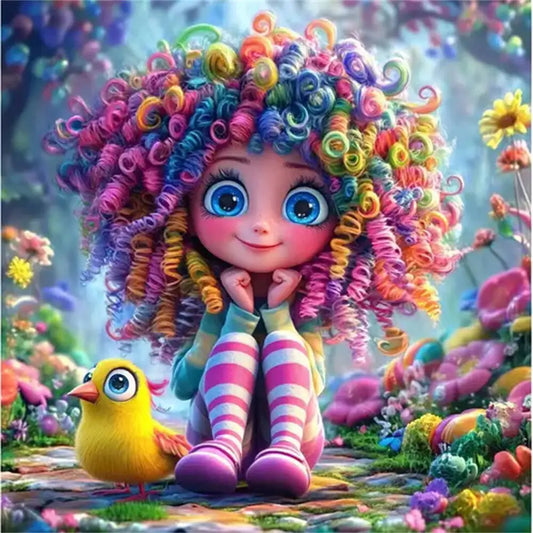 Full Square  Diamond Mosaic   Girl With Colorful Curly Hair
