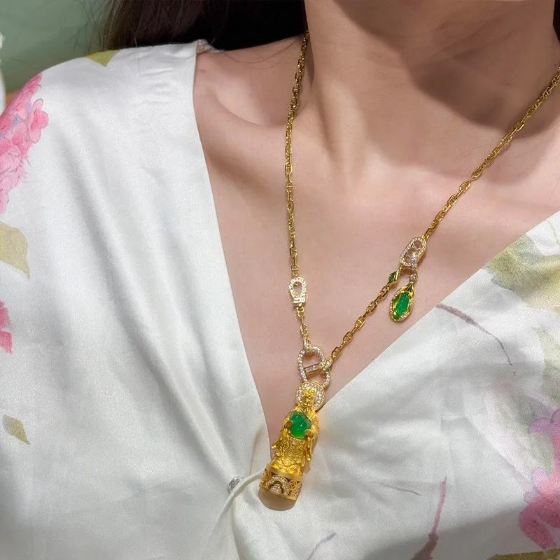 9999 24K Real Gold Universal Chain Emerald Jade Pendant