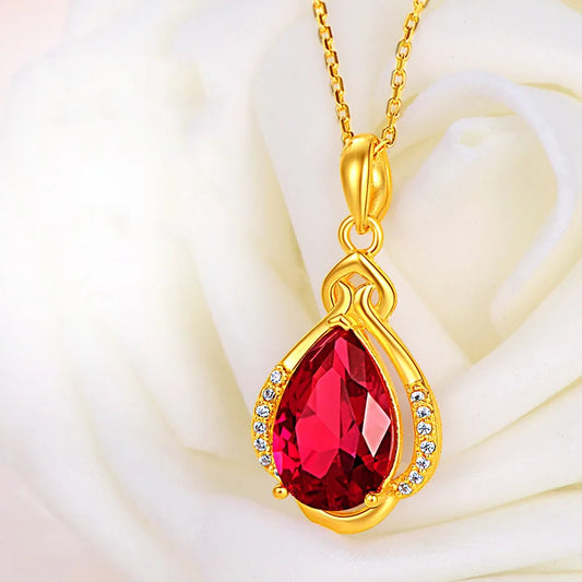 New Arrival 24K 999 Gold Teardrop Ruby Pendant Necklace
