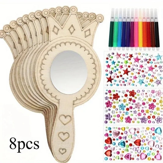 8Pcs Wooden Mirror Craft