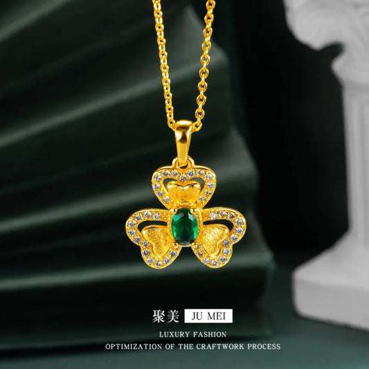 Luxury 24K 9999 Pure Gold real gold Women's Emerald Leaf Pendant