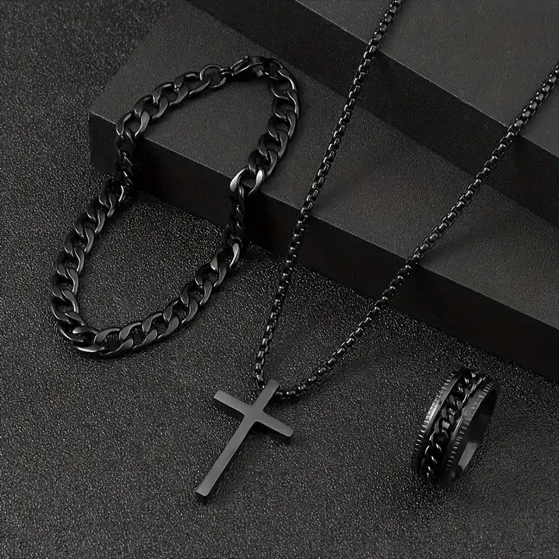 3pcs/Set Fashion Jesus Cross Stainless Steel Pendant Necklace Bracelet Spinner Ring