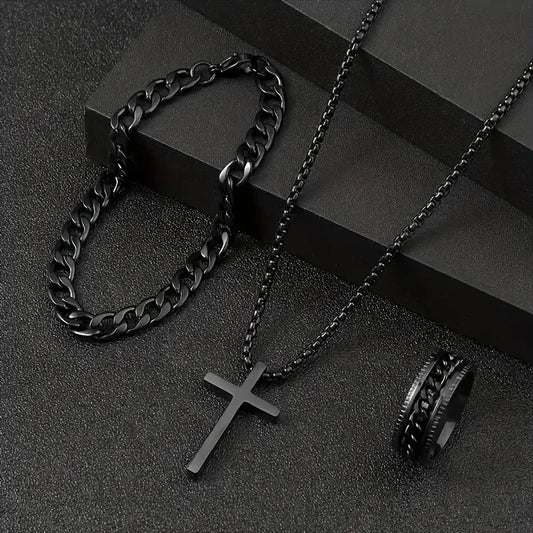 3pcs/Set Fashion Jesus Cross Stainless Steel Pendant Necklace Bracelet Spinner Ring