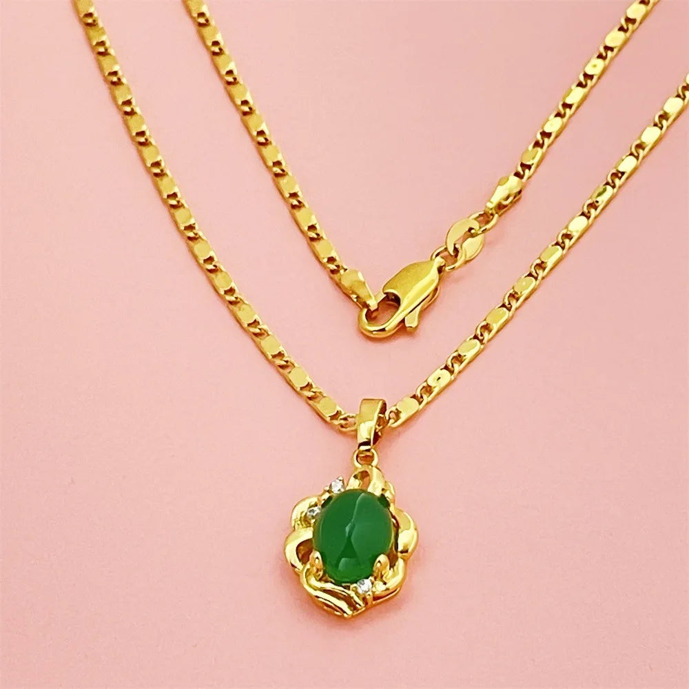 Luxury 24K 9999 Pure Real Gold  Women's Jade Pendant  Necklace