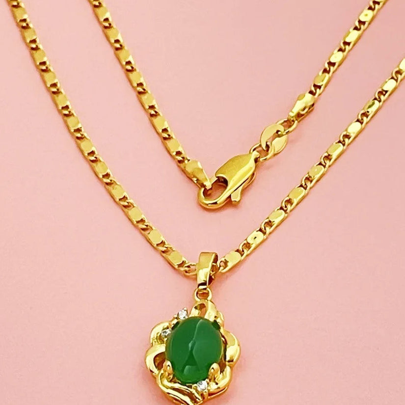Luxury 24K 9999 Pure Real Gold  Women's Jade Pendant  Necklace