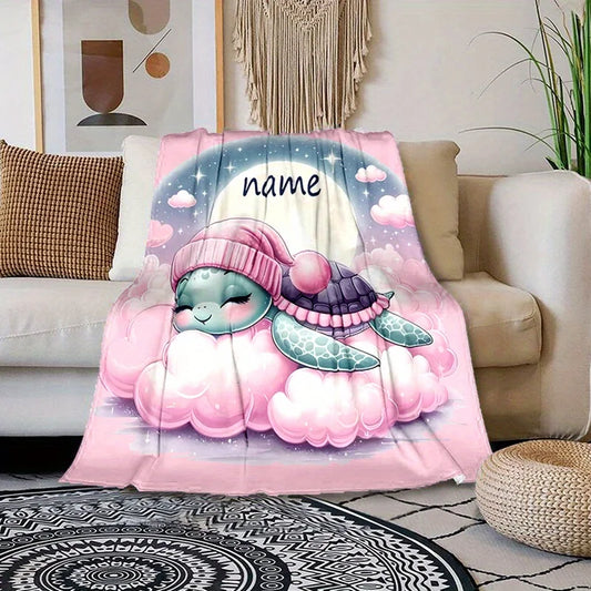 Personalized pink turtle pattern flannel blanket