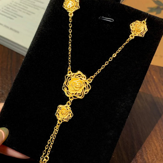 Luxury 24K 9999 Pure Gold real gold Women's Winding Rose Pendant Necklace