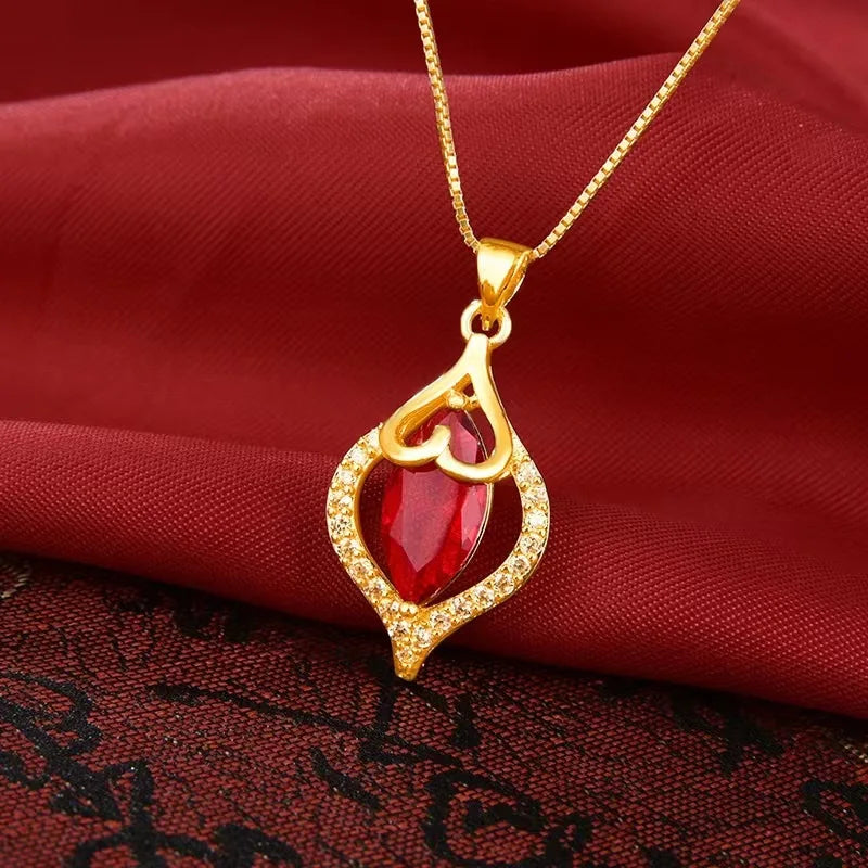 Luxury 24K 9999 Pure Gold -Red Gem - Pendant Necklace