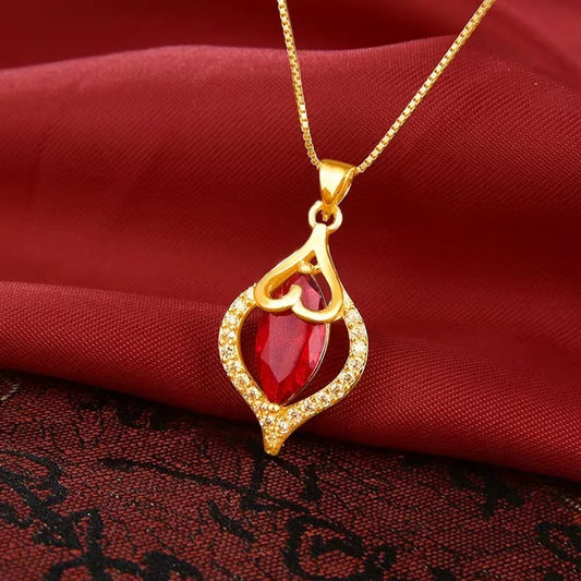 Luxury 24K 9999 Pure Gold -Red Gem - Pendant Necklace