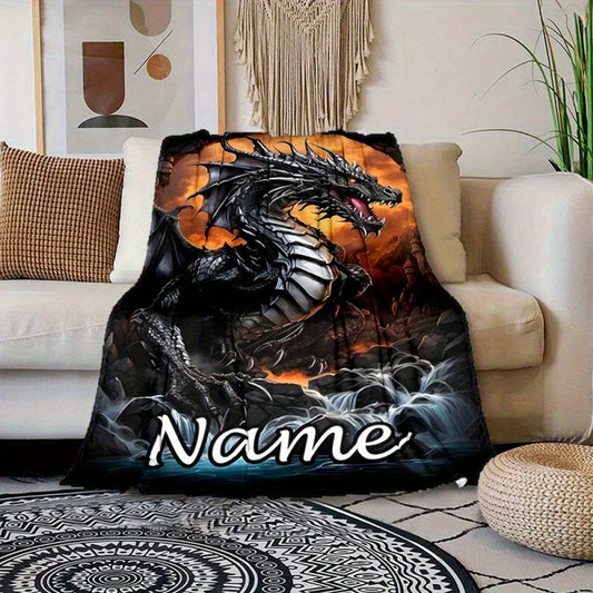 1Pc Custom Name Black Dragon Flannel Blanket