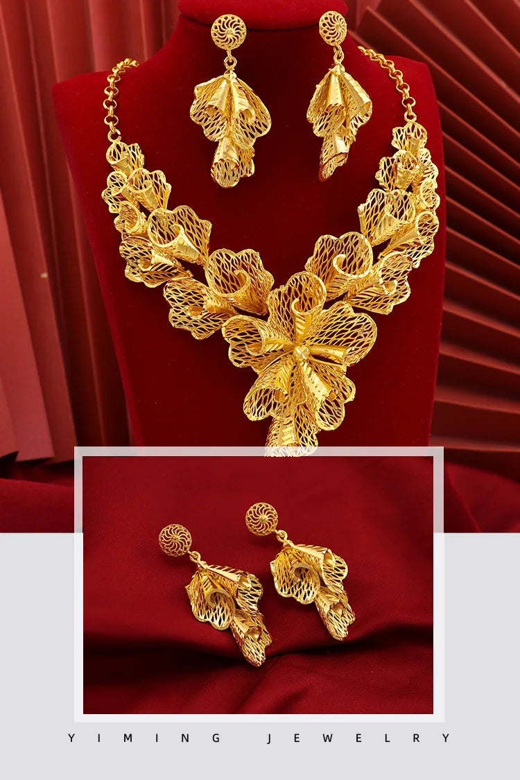 24K 9999 Pure Gold Bride Hollow Flower Necklace