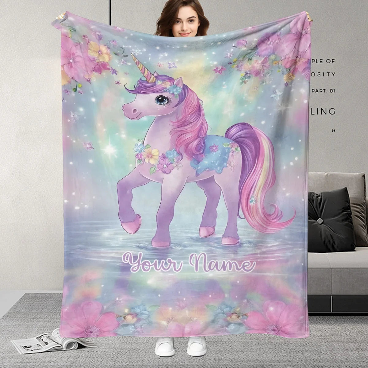 Custom Name Unicorn Floral Pattern Blanket