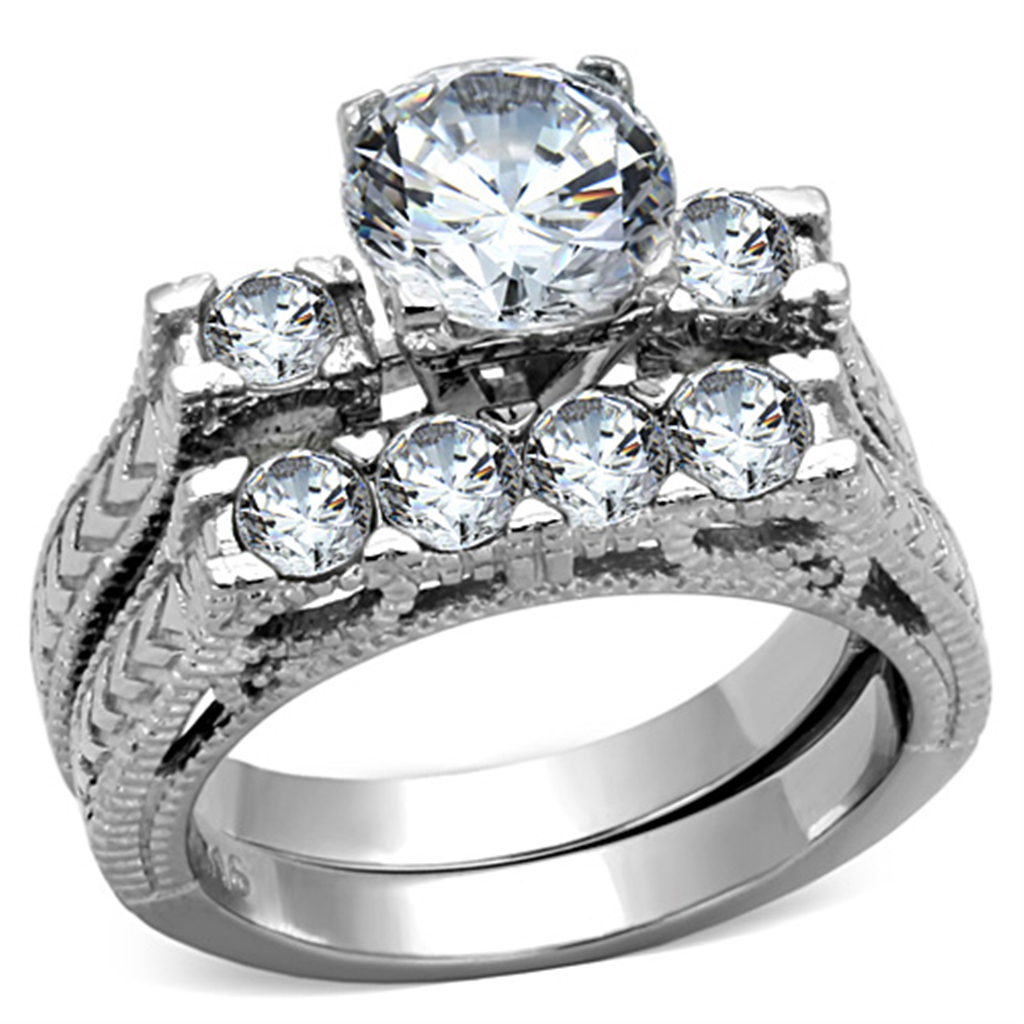 TK5X019 - High polished (no plating) Stainless Steel Ring with AAA Grade CZ  in Clear-0